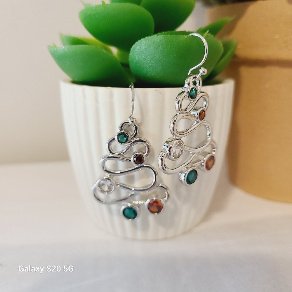 Sparkling Christmas Tree Dangle Earrings Festive Holiday Gemstones Silver Tone‎ - Picture 5 of 6